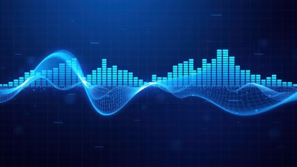 Abstract Digital Audio Waveform Visualization Glowing Blue Sound Bars and Flowing Mesh