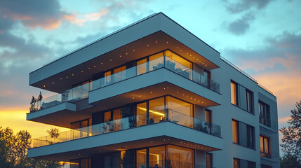 Obraz premium Modern apartment building with large windows and balconies at sunset, showcasing warm lighting