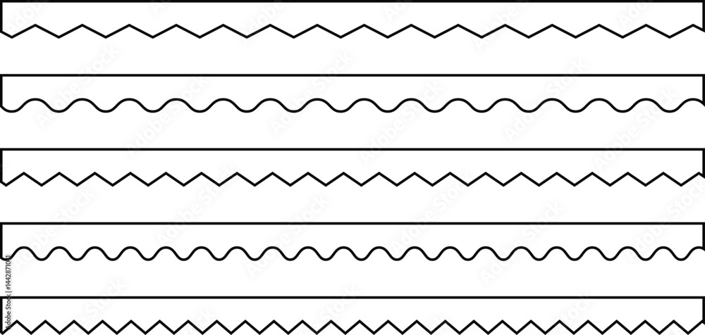 Poster zigzag stripes set. scalloped edge vector. seamless line zigzag pattern design. simple scalloped bor
