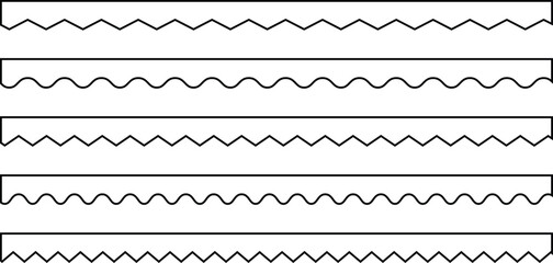 Zigzag stripes set. Scalloped edge vector. Seamless line zigzag pattern design. Simple scalloped border, texture ribbons, seamless pattern Vector illustration. Horizontal zig zag line