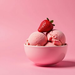 Pink background, strawberry ice cream in bowl, strawberry ice cream bowl, frozen