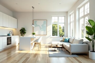 Fototapeta premium Spacious, light-filled apartment with kitchen and living area White walls, large windows , minimal, large windows, kitchen living