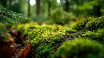 Green moss across peaceful landscape with natural beauty concept. Lush green moss covering a serene forest floor.