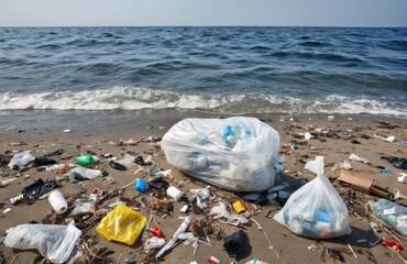 海岸に放置されたゴミ、海洋汚染、環境問題、マイクロプラスチック