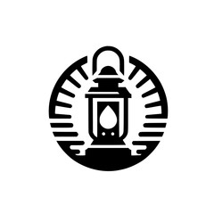 Minimalist Lantern Icon with Radiating Light in Circle - Vintage Graphic Design