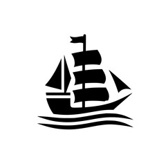Minimalist Maritime Symbol: Black Silhouette Sailing Ship Icon on Waves