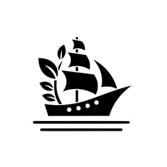 Stylized Green Ship Logo Icon: Sailboat with Leaves Symbolizing Nature, Eco-Travel, and Sustainability Journey