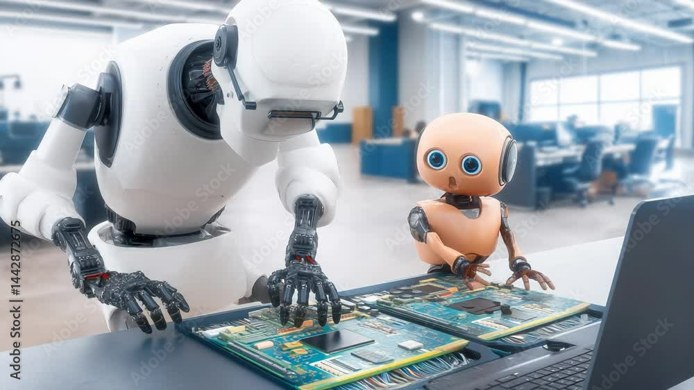 Poster large white robot teaching small orange robot circuit board technology in modern office workspace. r