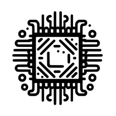 Stylized Computer Chip Icon: Minimalist Black and White Circuitry Illustration