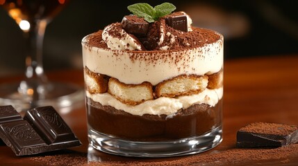 Tiramisu Dessert in Glass Dish with Chocolate Topping