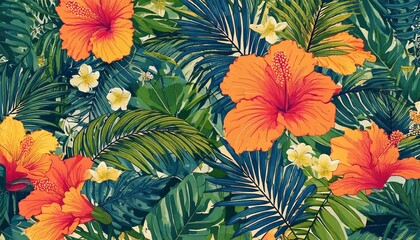  Getaway to Tropical Paradise with vibrant vector pattern- hibiscus flowers and palm leaves