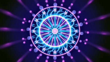 A glowing, neon-colored geometric mandala with intricate circular patterns radiating blue and purple light. - Powered by Adobe