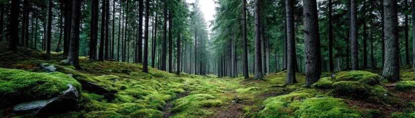 Obraz premium Green moss across peaceful landscape with natural beauty concept. A serene forest scene with moss-covered ground and tall trees.