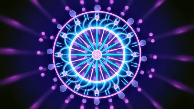 A glowing, neon-colored geometric mandala with intricate circular patterns radiating blue and purple light.