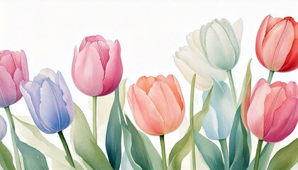 Obraz premium watercolor, tulips, flowers, floral, illustration, art, painting, nature, spring, bloom, soft, petals, gentle, pastel, white, botanical, aesthetic, elegant, delicate, feminine, graceful, bouquet, colo