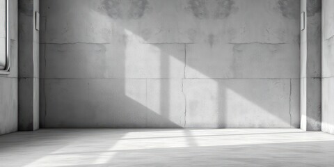 Empty room with textured concrete walls and sunlight streaming through unseen windows