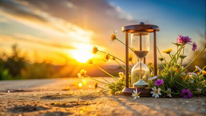 Sunset Hourglass Amidst Wildflowers A Symbol of Time's Passage and the Beauty of Fleeting Moments
