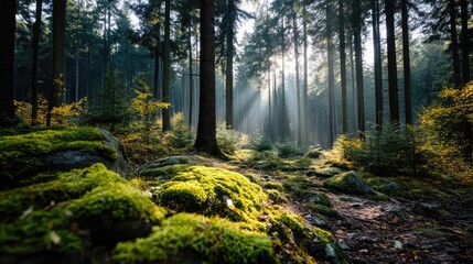 Fototapeta premium Green moss across peaceful landscape with natural beauty concept. Sunlit forest path with moss-covered ground and tall trees.