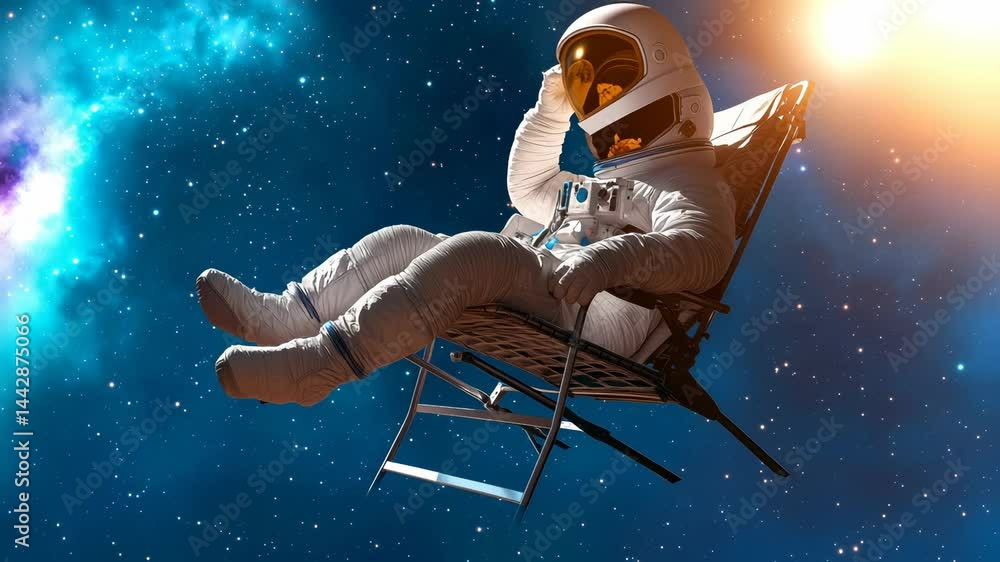 Poster astronaut in white spacesuit sitting on folding chair floating in starry cosmic space with blue and 