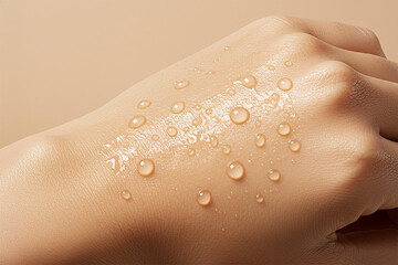 Fototapeta premium Glowing serum drops on healthy hand skin close-up in skincare ad concept