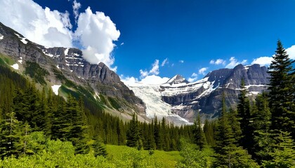 Obraz premium Jackson Glacier is nestled between its mountain neighbors under puffy white clouds and a bri.