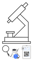 Microscope symbolizes research, paired with AI robot holding magnifying glass and coin, near QR code on phone screen. Ideal for technology, finance, automation, research, innovation analytics. Flat