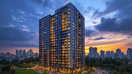 Fototapeta premium Modern skyscraper facade with warm lights shining at sunset, creating vibrant atmosphere