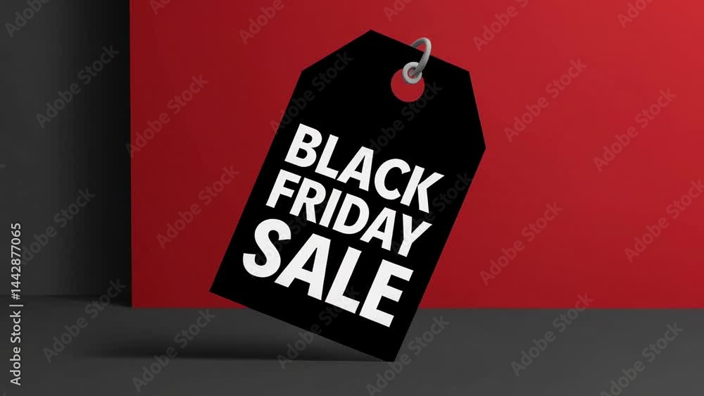 Poster Black friday sale tags swing gently against a vibrant red and grey backdrop, creating a dynamic visual representation of the shopping event