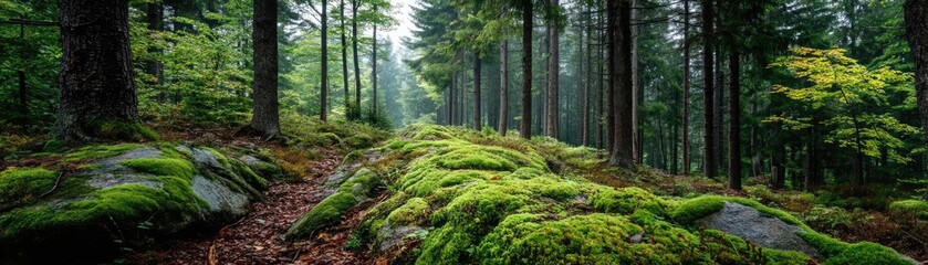 Obraz premium Green moss across peaceful landscape with natural beauty concept. Serene forest landscape with lush moss-covered rocks and trees.