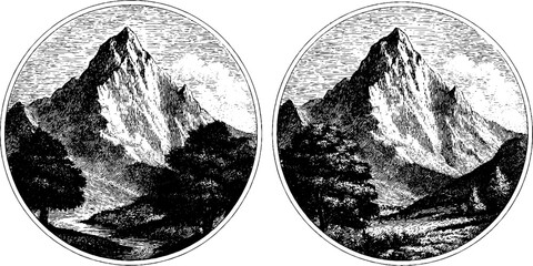 Obraz premium Engraved mountain illustrations symbolizing ambition and achievement for elegant design projects
