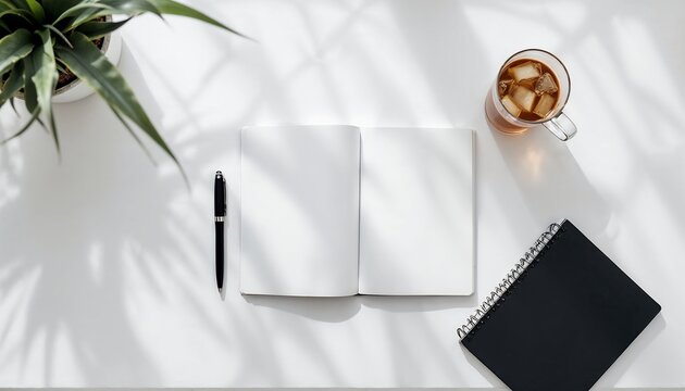 Workspace Essentials: Overhead view of a bright, modern workspace, featuring a minimalist setup with a notebook, pen, refreshing beverage, and a lush plant.  Perfect for creative concepts, journaling.