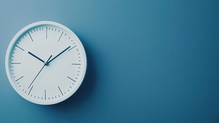 A white alarm clock is isolated on a blue background