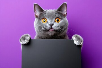 Isolated cat on a solid apparel purple background. Marketing pet expression. Cat display mockup. Ð¡ute adult cat chartreux hold in front paws a wireframe - large dark black road sign.