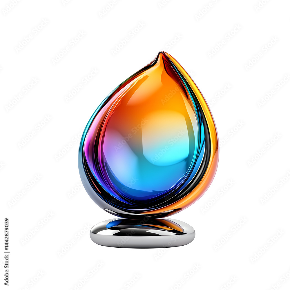 Poster abstract teardrop shape with vibrant color gradient, metallic texture, and reflective surface on a t
