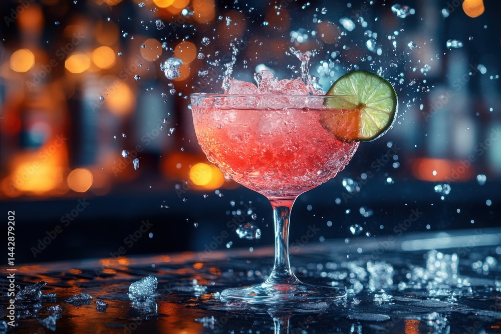 Poster refreshing drink with lime garnish and splashing water on a sleek bar surface