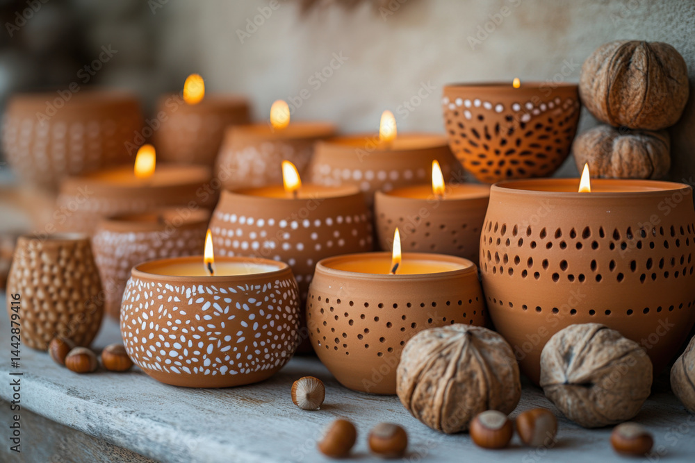 Poster glowing candles in terracotta pots illuminate a rustic display with nuts and warmth