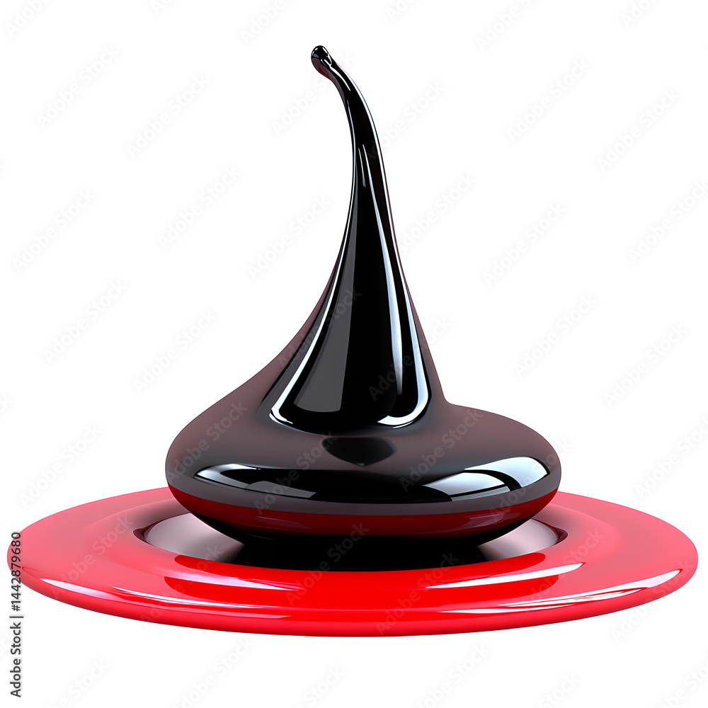 Poster black liquid drop with a glossy finish rests on a smaller, red circular base against a black backgro