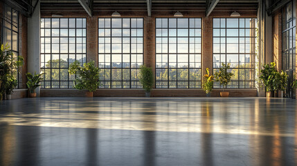 Spacious modern warehouse interior with large windows and natural light, creating serene