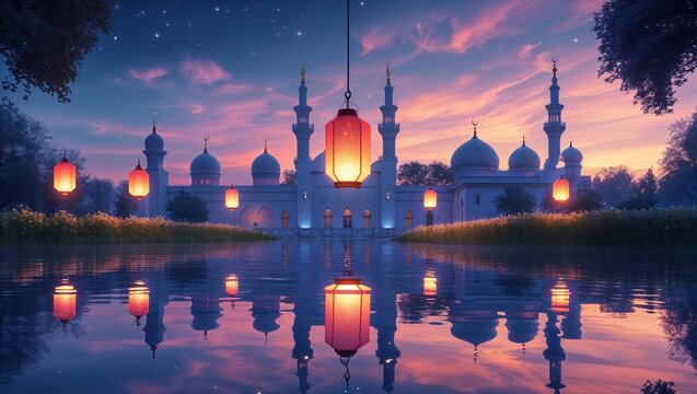 Abstract Eid background with goat and lantern reflections in mirror-like lake, dreamy dusk sky, soft glowing mosque structure