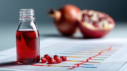 Pomegranates show promise in Alzheimer's treatment. Bottle of pomegranate juice with seeds on a chart, showcasing health benefits and nutrition.