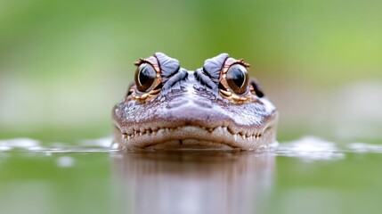 Fototapeta premium Close-up portrait of a baby alligator peeking above the calm green water surface in a swamp.
