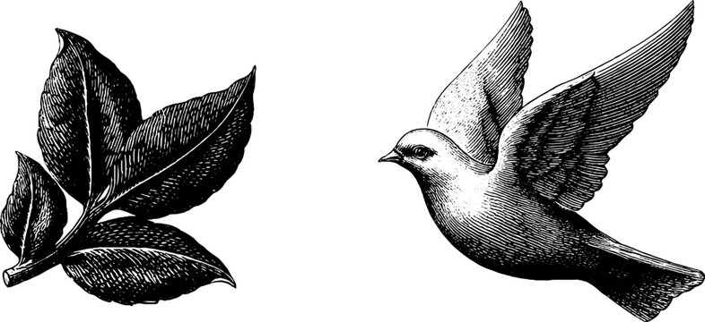 Vintage engraved illustration of faith theme featuring soaring dove and leaf set for inspirational design