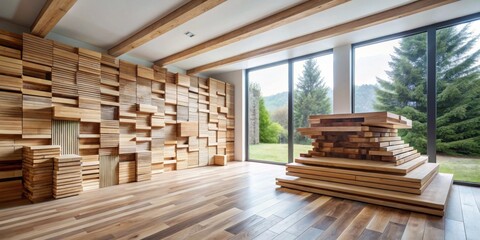 Fototapeta premium Modern minimalist interior design featuring a stunning wooden wall installation and a unique wood plank structure.