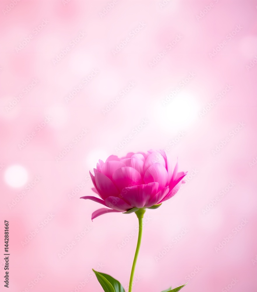 Poster dreamy pink peony bloom. soft focus backdrop in pink and blue hues. circular bokeh. bright light sou