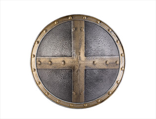 Old metal round shield isolated on white background with clipping path