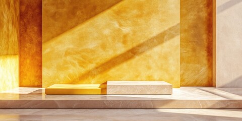 Empty golden display podiums against a sunlit wall.