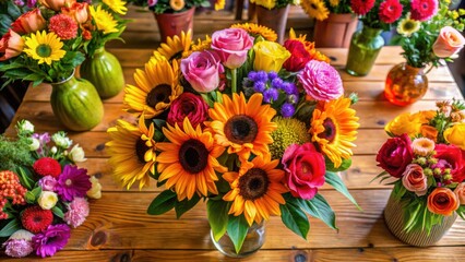 Obraz premium Vibrant Summer Bouquet of Sunflowers, Roses, and Other Colorful Blooms in a Glass Vase on Wooden Table