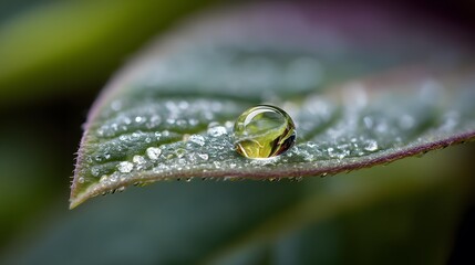 Dewdrop on Leaf with Soft Background in Macro Photography Capturing Nature's Beauty and Serenity