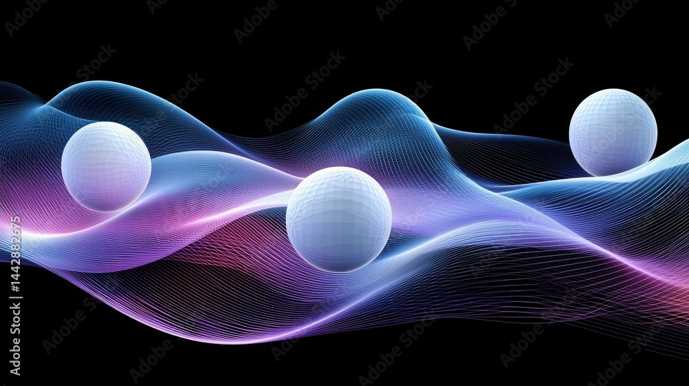 Poster surreal abstract 3d background with neon glowing gradient spheres and fluid particles in motion. vib