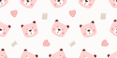 Seamless vector pattern featuring cute bears, hearts, and crowns. Vector illustration